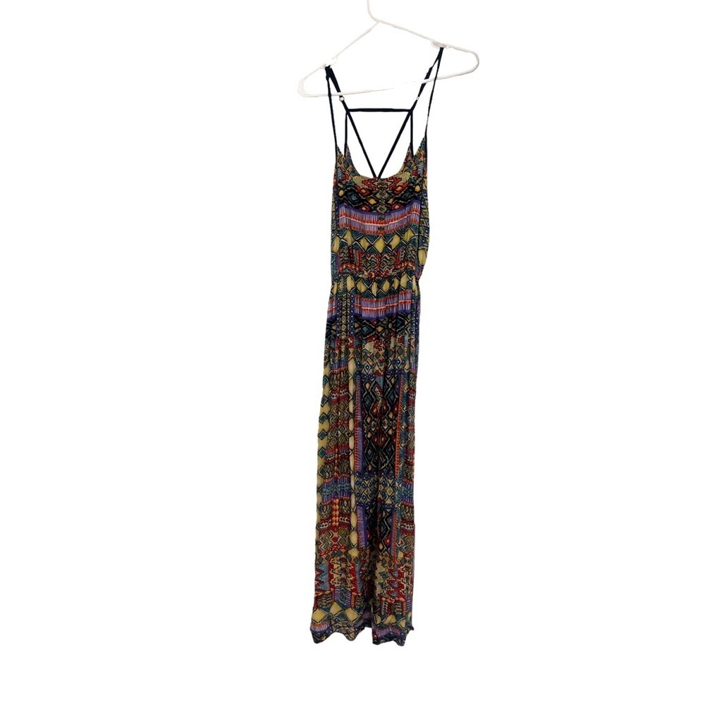 Lola P. Maxi Dress Aztec Geo Print Adj. Spaghetti Racerback Strap Flowy Beachy M